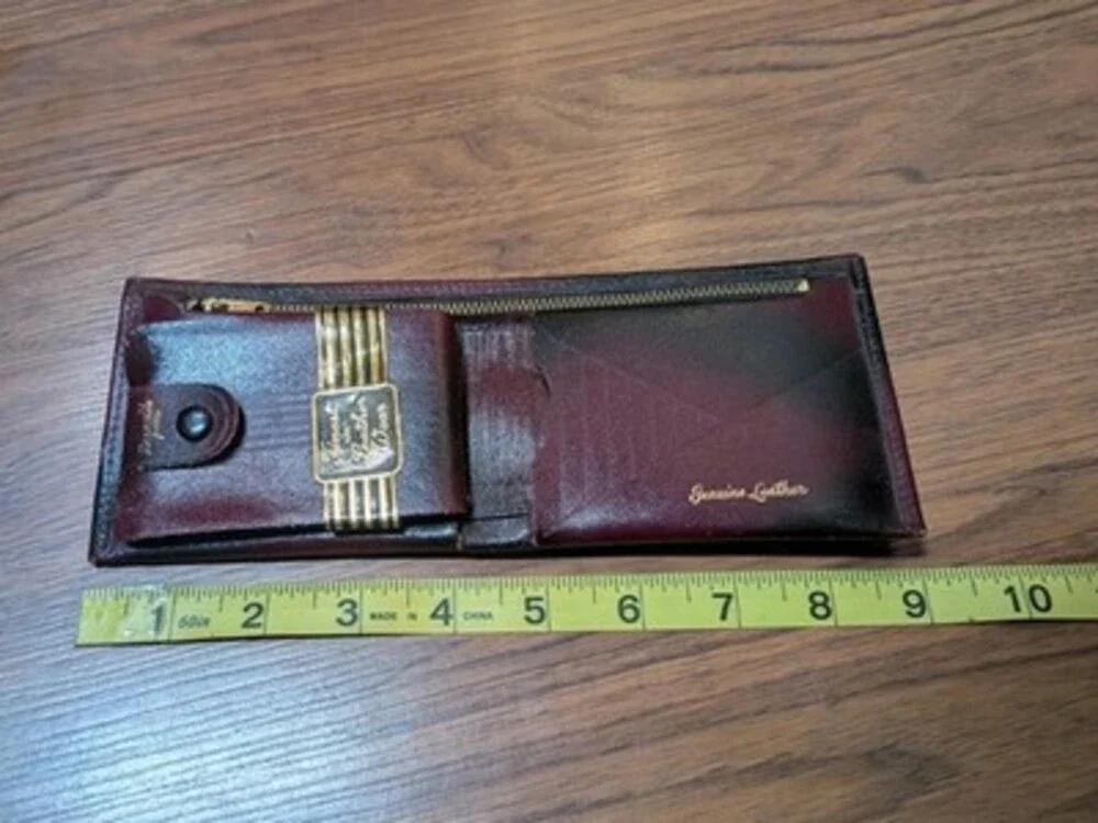 Vintage 1950s Genuine Leather Bifold Wallet Zipper Many Compartments Brown